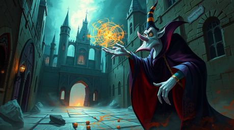 A captivating surreal digital painting showcases a classic Disney villain casting a spell within the aged walls of an ancient