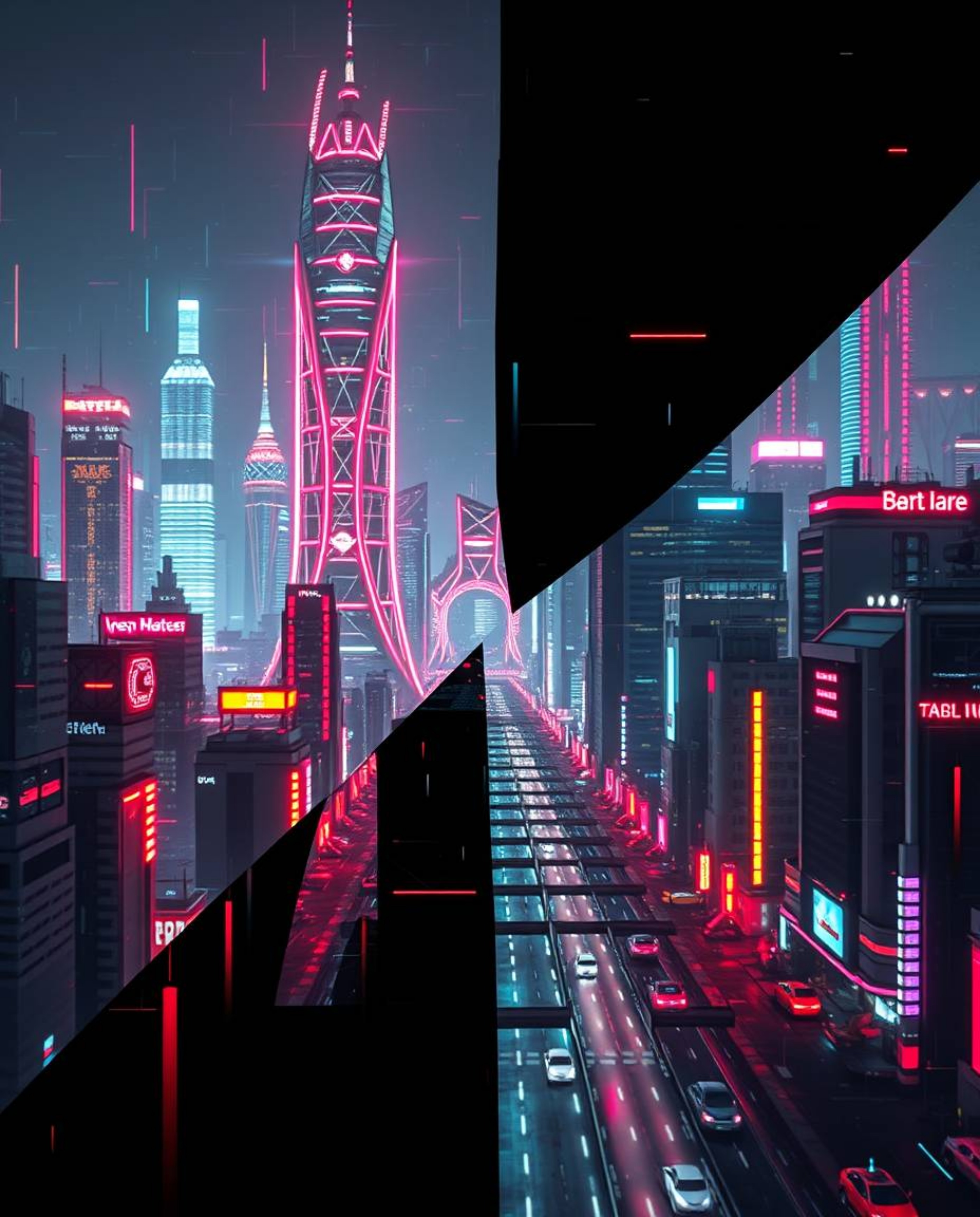 High-resolution stock photo depicting a futuristic city in glitch mode.  The image features flickering lights, broken hologra