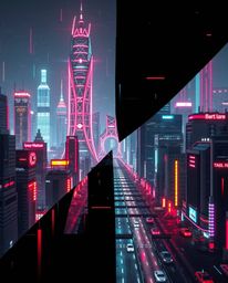 High-resolution stock photo depicting a futuristic city in glitch mode.  The image features flickering lights, broken hologra