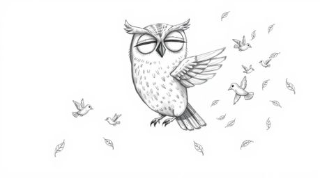 A charming Pixar-style, hand-drawn sketch on a white background depicts a blind owl with a serene expression, its textured pe