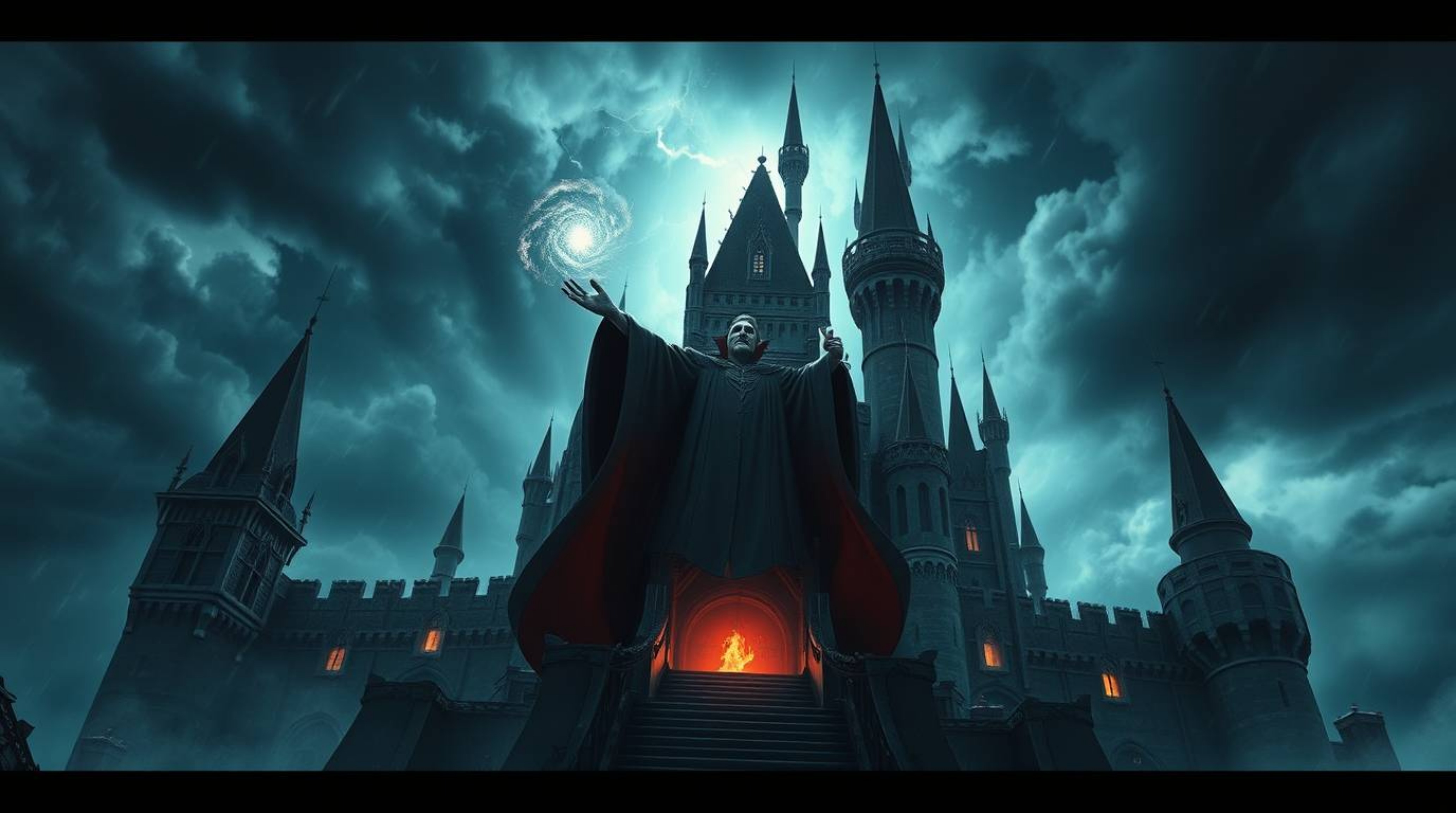 A modern, grand, and epic scene unfolds, featuring a classic Disney villain casting a powerful spell within a massive, ancien