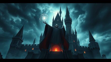 A modern, grand, and epic scene unfolds, featuring a classic Disney villain casting a powerful spell within a massive, ancien