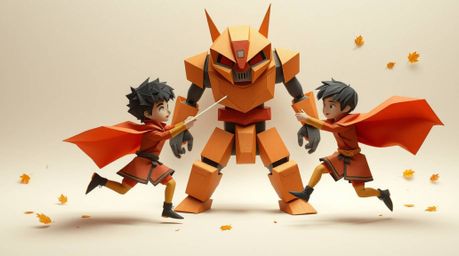 Witness an epic showdown between three superpowered children, masterfully crafted in an intricate origami style.  Bathed in w