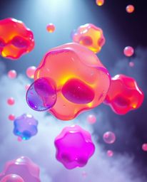 This digital rendering showcases floating 3D blobs of fluid jelly, brought to life with vibrant colors and synthetic textures
