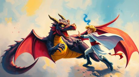 Immerse yourself in a bold acrylic painting reminiscent of 1950s animation, depicting a charming prince locked in a fierce ba
