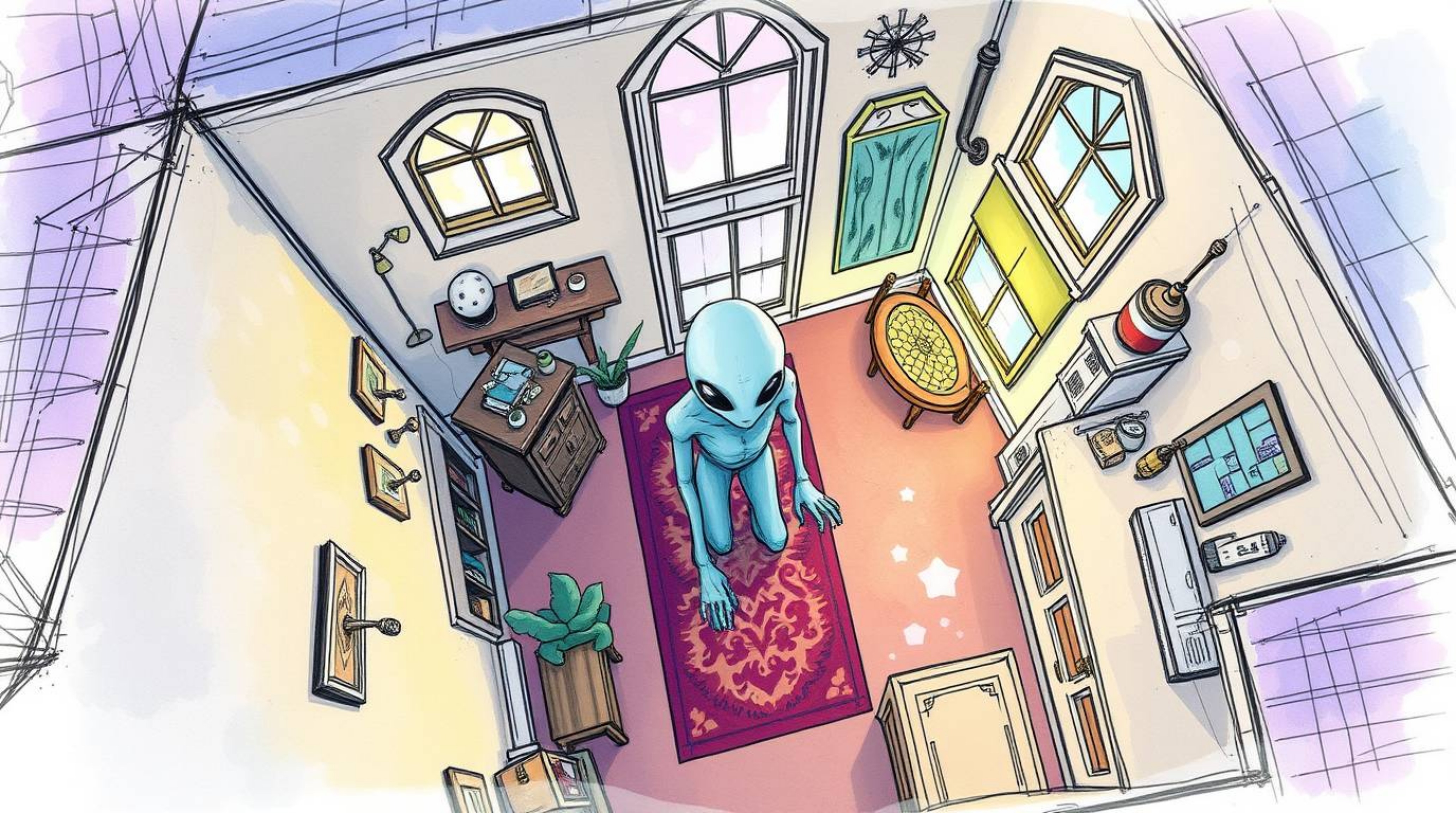 A captivating hand-drawn sketch depicts an alien residing in a suburban home, viewed from a bird's-eye perspective. The scene