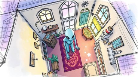 A captivating hand-drawn sketch depicts an alien residing in a suburban home, viewed from a bird's-eye perspective. The scene
