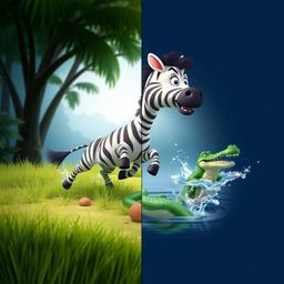 This whimsical illustration features a charming 3D cartoon zebra and crocodile in a playful escape scene. The zebra, radiatin