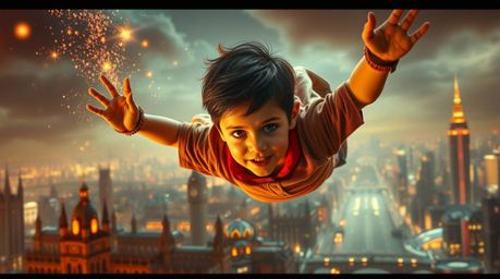 An epic scene portrays a light-skinned young boy with heroic features soaring above a futuristic London skyline with the aid 