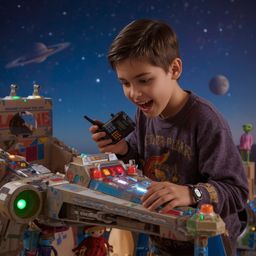 A captivating image showcases a stylish young boy engrossed in building an intricately designed cardboard spaceship.  Rendere