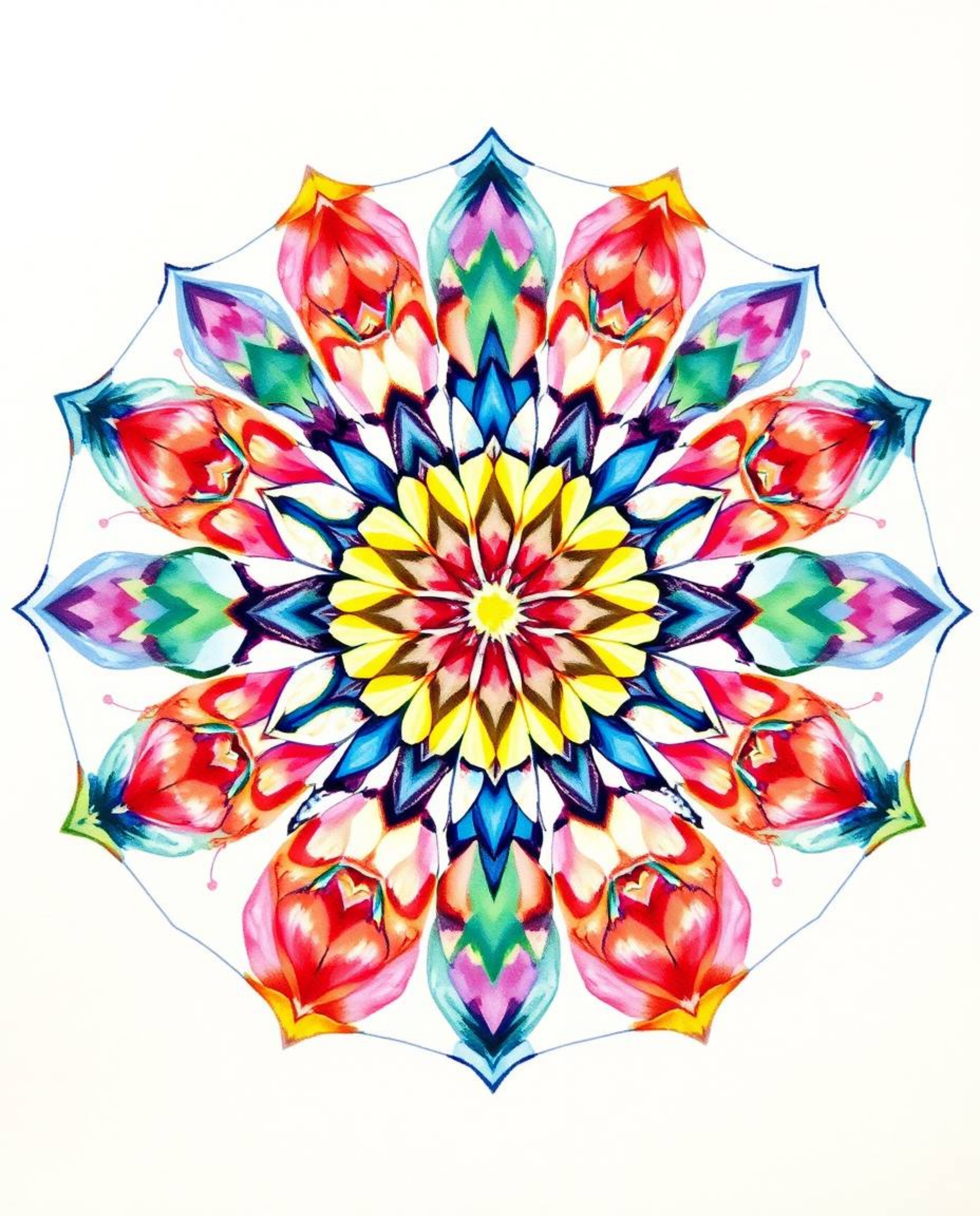 This delicate watercolor painting showcases a captivating geometric floral mandala.  Featuring a perfectly symmetric design a