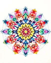 This delicate watercolor painting showcases a captivating geometric floral mandala.  Featuring a perfectly symmetric design a