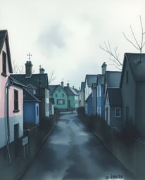 Watercolor painting depicting a sleepy town with pastel-colored houses bathed in gentle, soft light. The eerie atmosphere is 