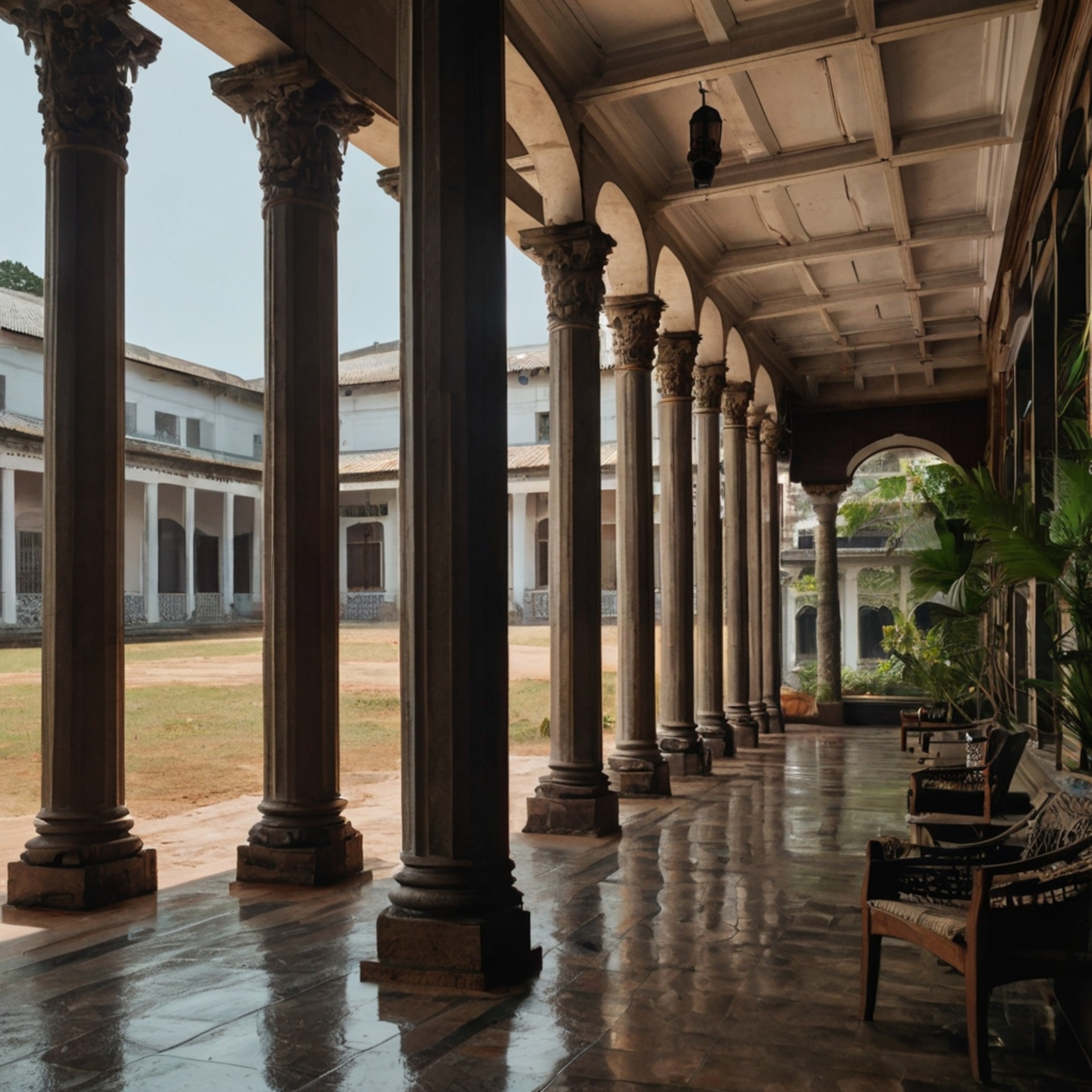 This traditional colonial-era building features striking architectural details, including tall columns, large windows, and a