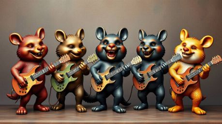This captivating artwork features a band of cartoon animals jamming to rock music, rendered in a stunning cast bronze style. 