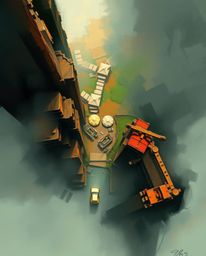 A stunning digital sketch showcasing an overhead bird's-eye view of a fantasy scene with a misty atmosphere and epic compleme