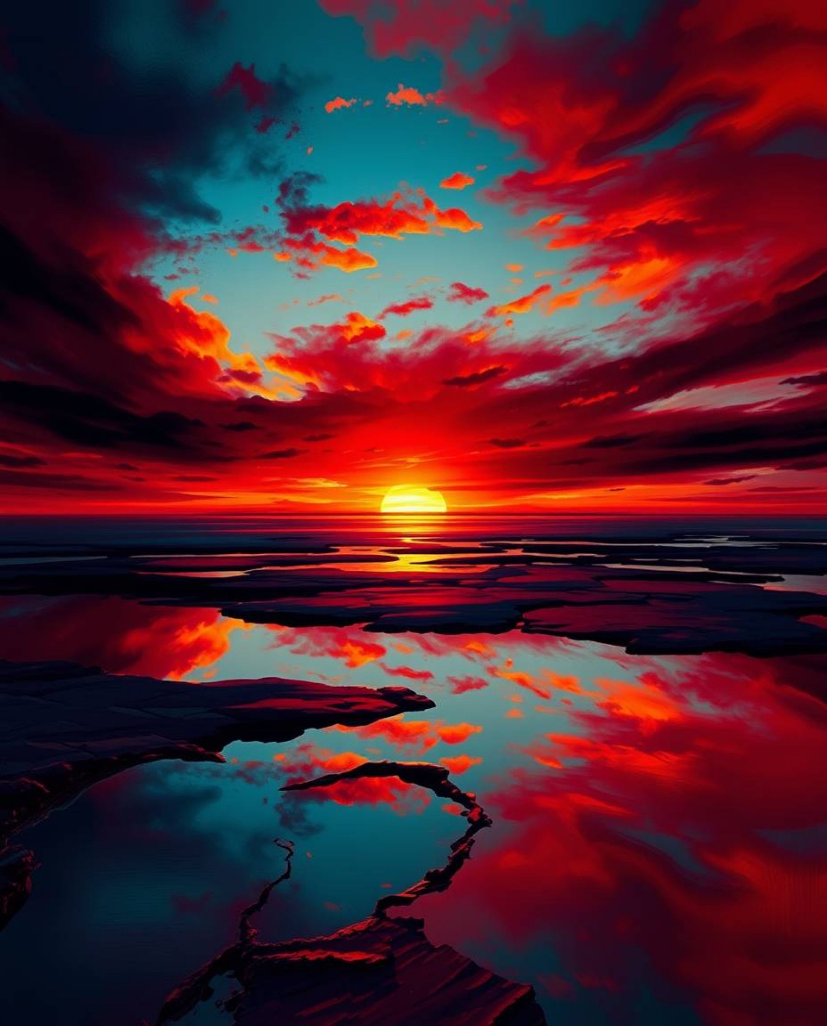 This is a sophisticated and elegant digital painting featuring a sunset sky mirrored in tidal pools on a beach. The artwork i