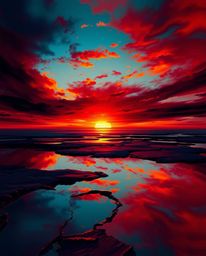 This is a sophisticated and elegant digital painting featuring a sunset sky mirrored in tidal pools on a beach. The artwork i
