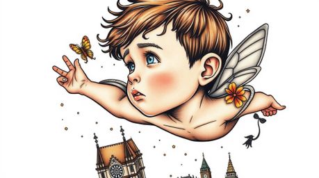 This traditional tattoo art print features a young boy with fair skin, seemingly flying above London with the aid of pixie du