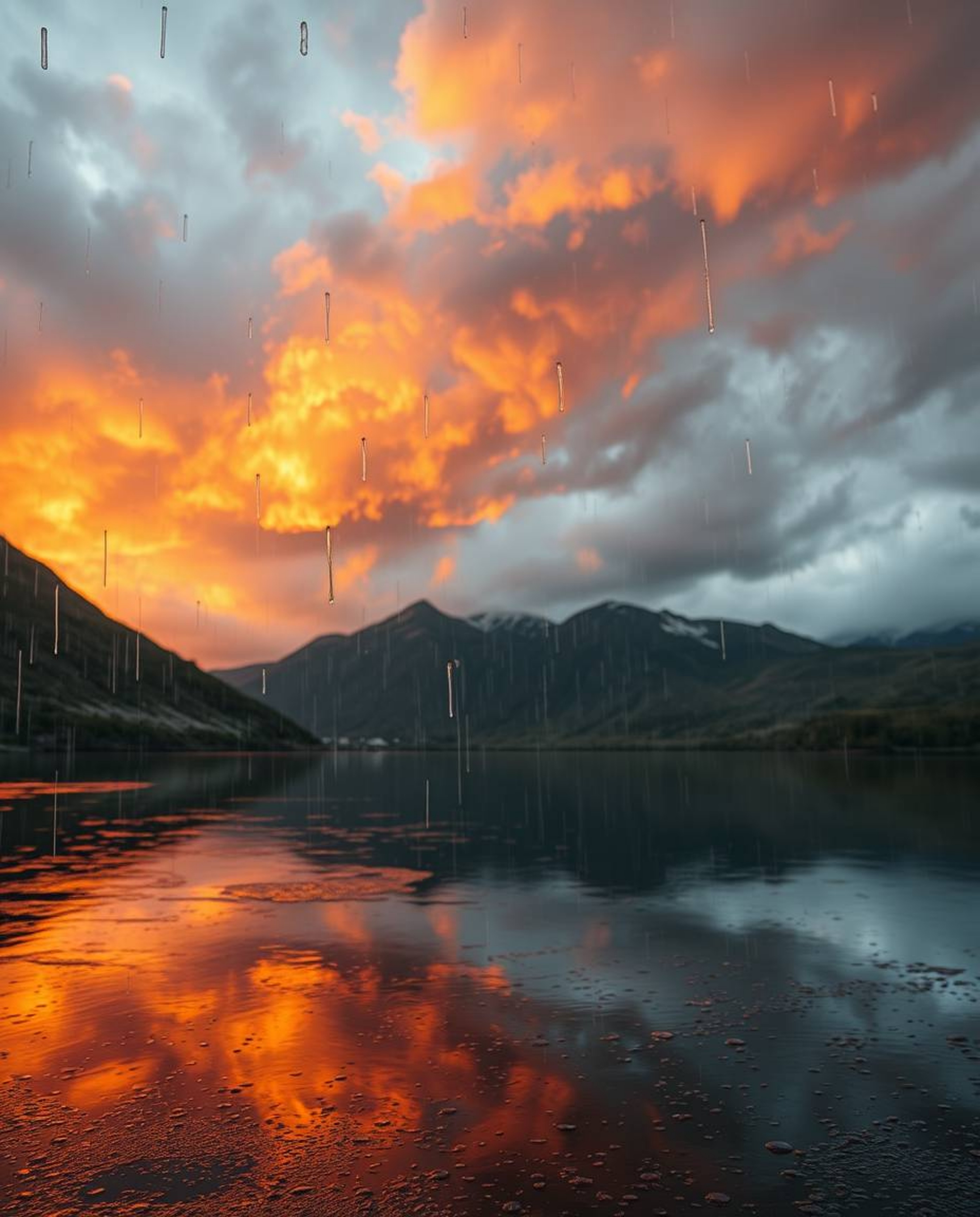 Immerse yourself in a wet, rainy scene featuring the stunning reflections of fiery clouds in a mountain lake. The drizzling r