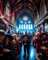 Discover a captivating world of a magical school brimming with young wizards, vibrant colors, and dynamic compositions.  Expe