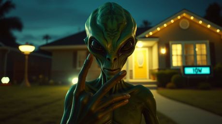 A cinematic sci-fi film still depicting an alien with iridescent green skin and three fingers per hand, unexpectedly residing