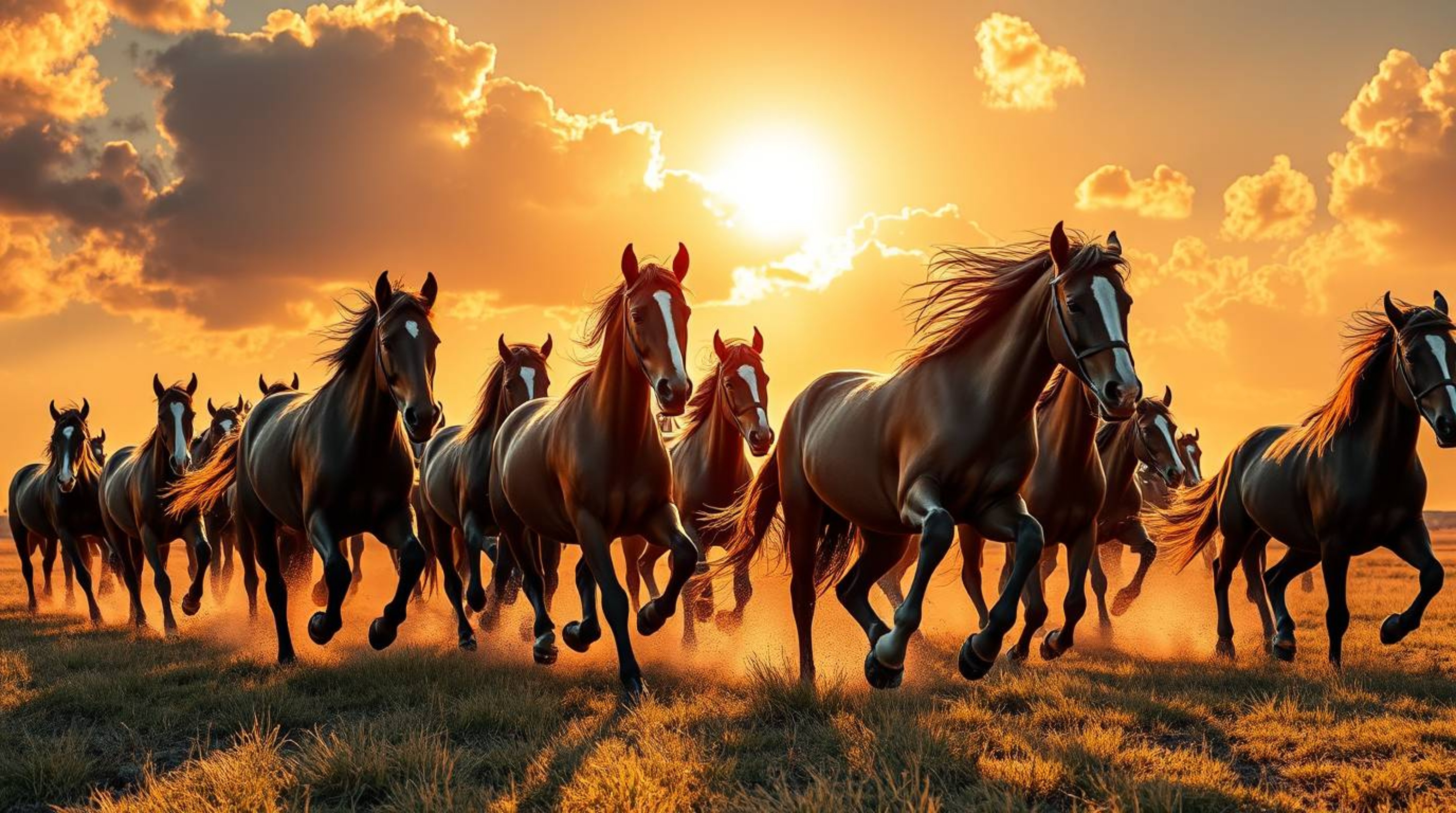 A breathtaking depiction of a wild horse herd galloping under a radiant, glowing sky.  Rendered in vibrant, complementary col