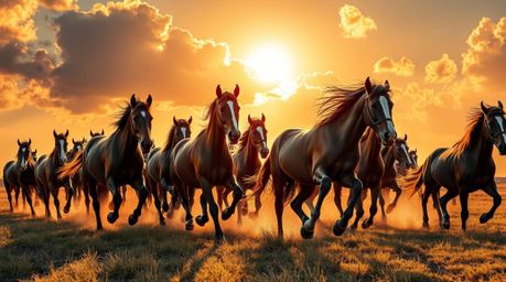 A breathtaking depiction of a wild horse herd galloping under a radiant, glowing sky.  Rendered in vibrant, complementary col