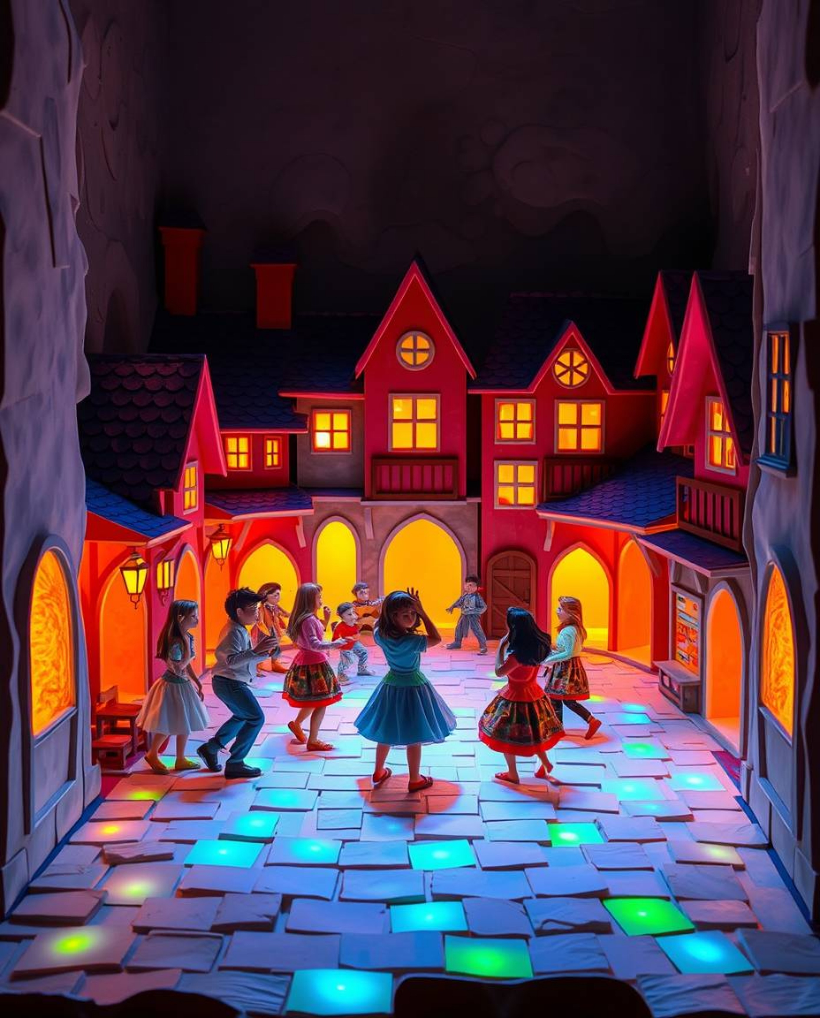 Experience a captivating musical number set in a radiant town square, brought to life with intricate papier-mâché sculptures.