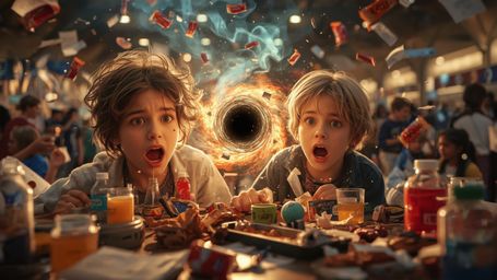A vibrant, high-contrast cinematic photo, reminiscent of Pixar's whimsical style, captures a dynamic science fair duo amidst 