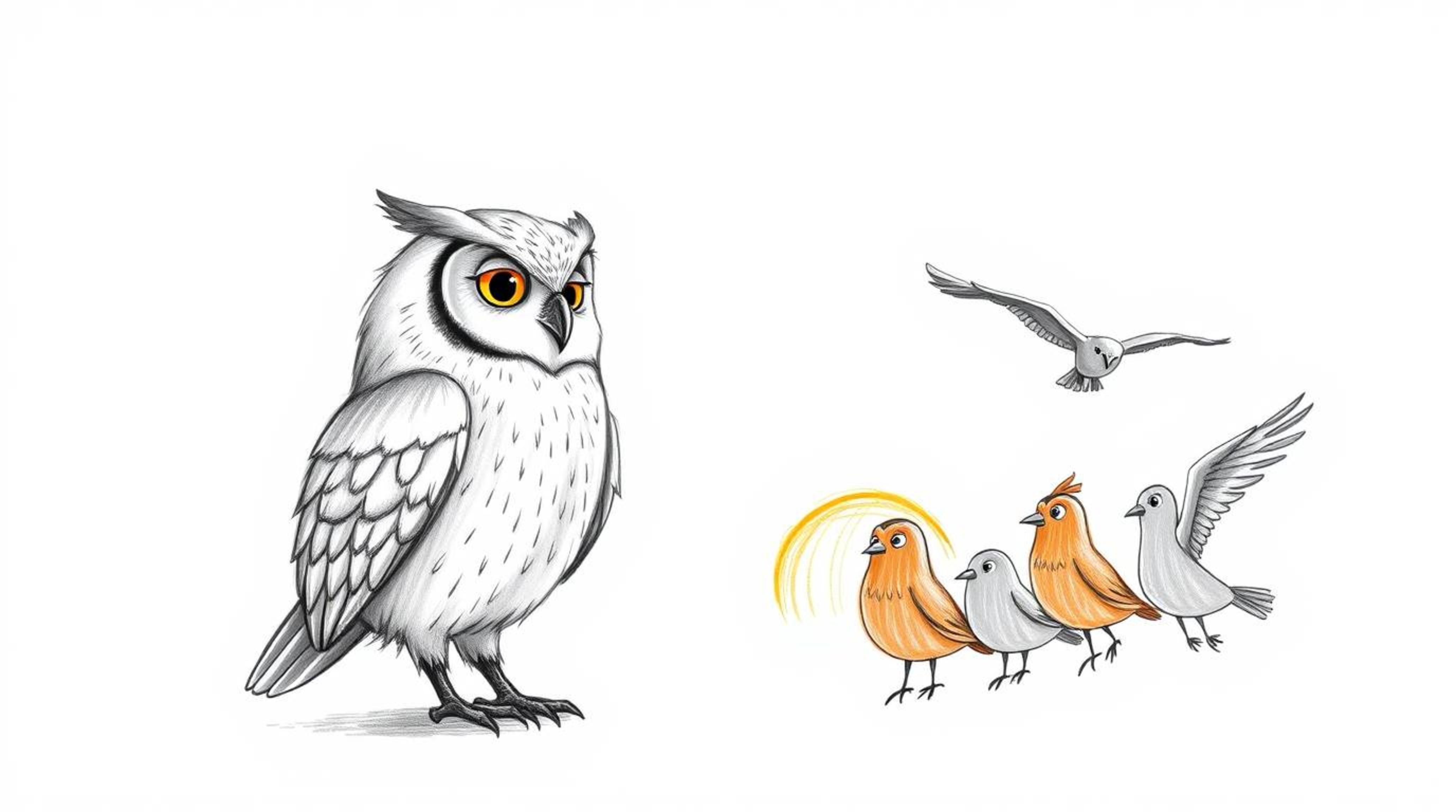 A heartwarming hand-drawn sketch in the style of Pixar, depicting a serene blind owl with soft plumage teaching a class of bi