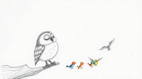 A heartwarming hand-drawn sketch in the style of Pixar depicts a wise, blind owl gently teaching a diverse class of birds to 