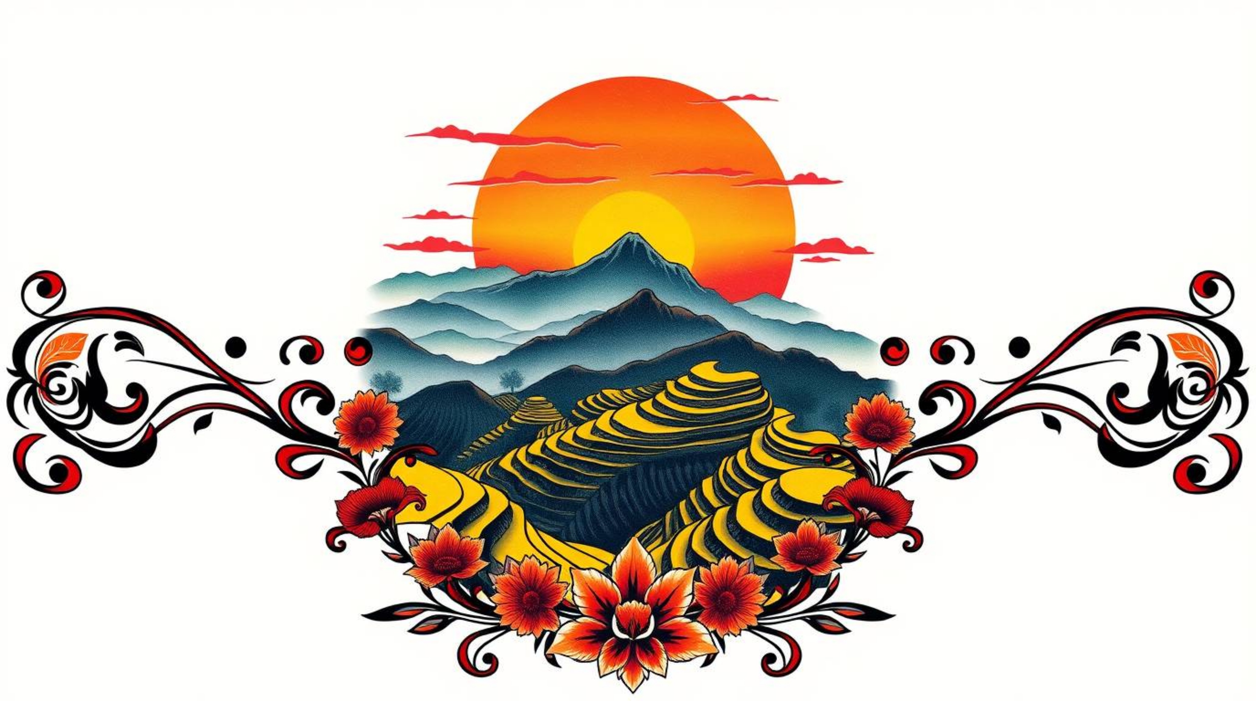 A stunning high-angle depiction of traditional tattoo art featuring a vibrant sunset over majestic mountainous rice terraces.