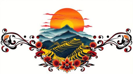 A stunning high-angle depiction of traditional tattoo art featuring a vibrant sunset over majestic mountainous rice terraces.