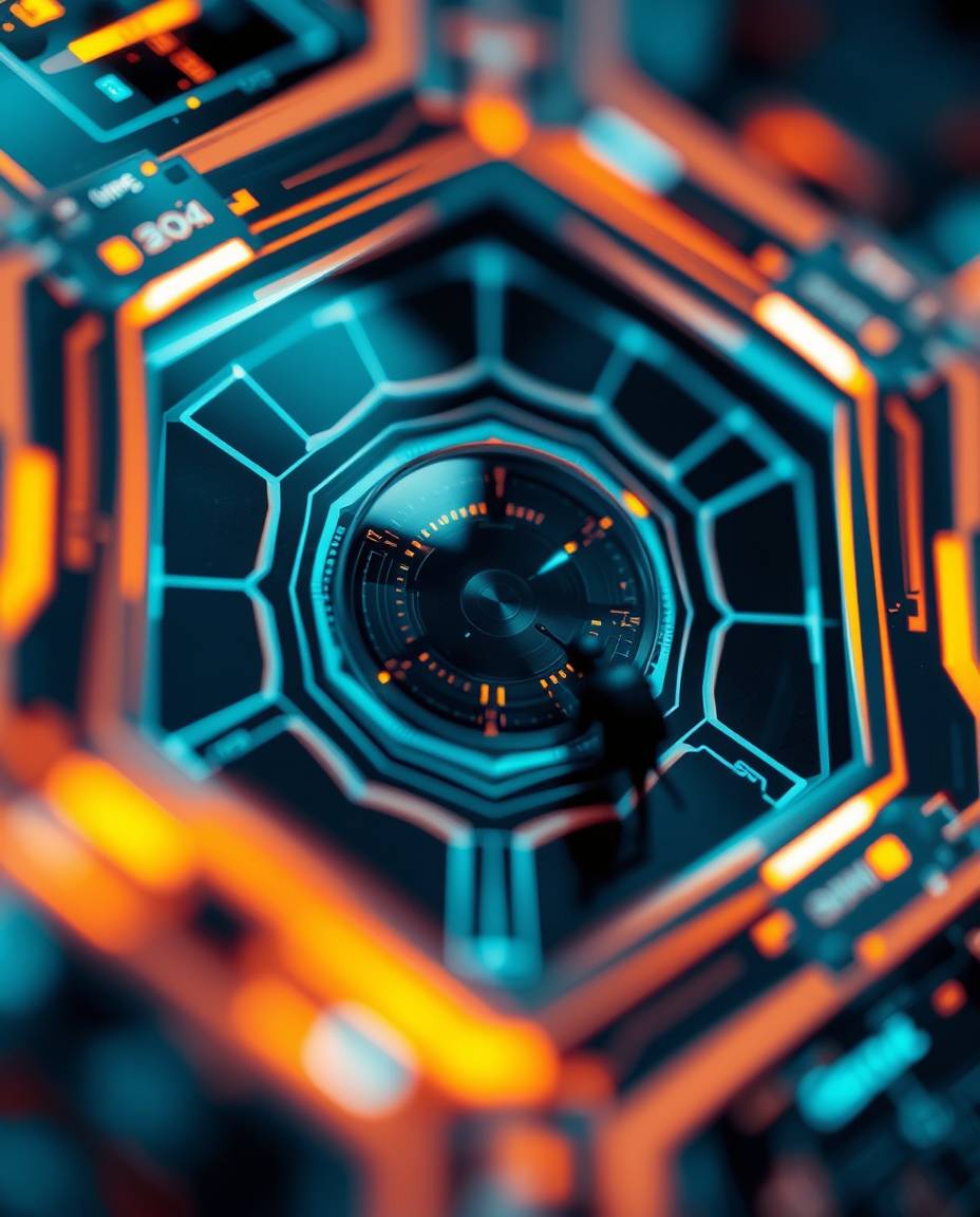 An extreme macro close-up reveals a futuristic sci-fi digital interface, constructed from intricate geometric patterns that e