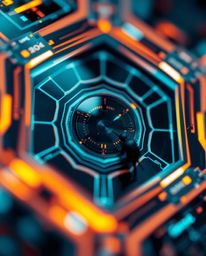 An extreme macro close-up reveals a futuristic sci-fi digital interface, constructed from intricate geometric patterns that e