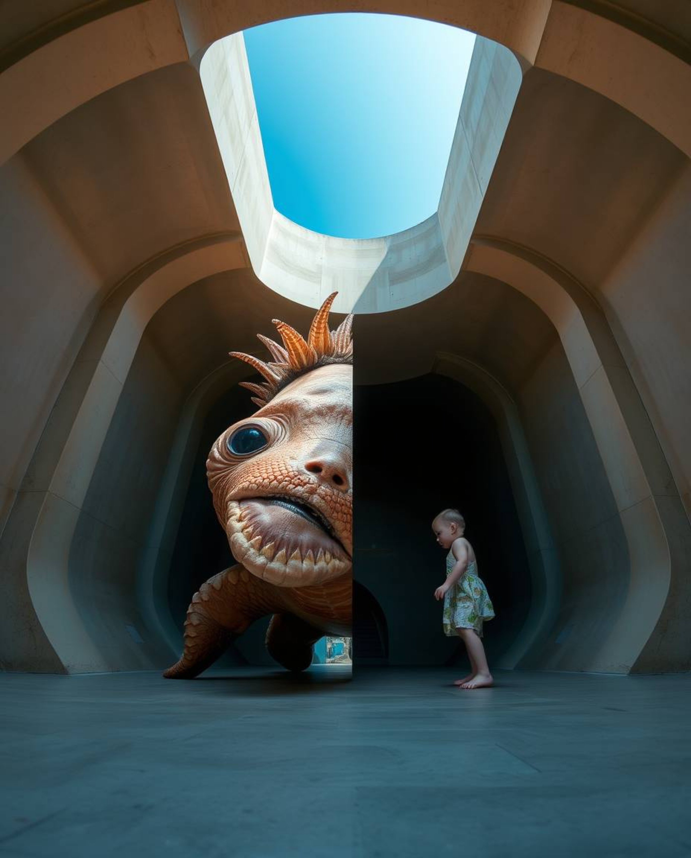 A captivating split-scene digital artwork portrays a unique friendship between a whimsical sea creature and a child. The ima
