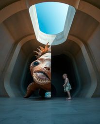 A captivating split-scene digital artwork portrays a unique friendship between a whimsical sea creature and a child. The ima