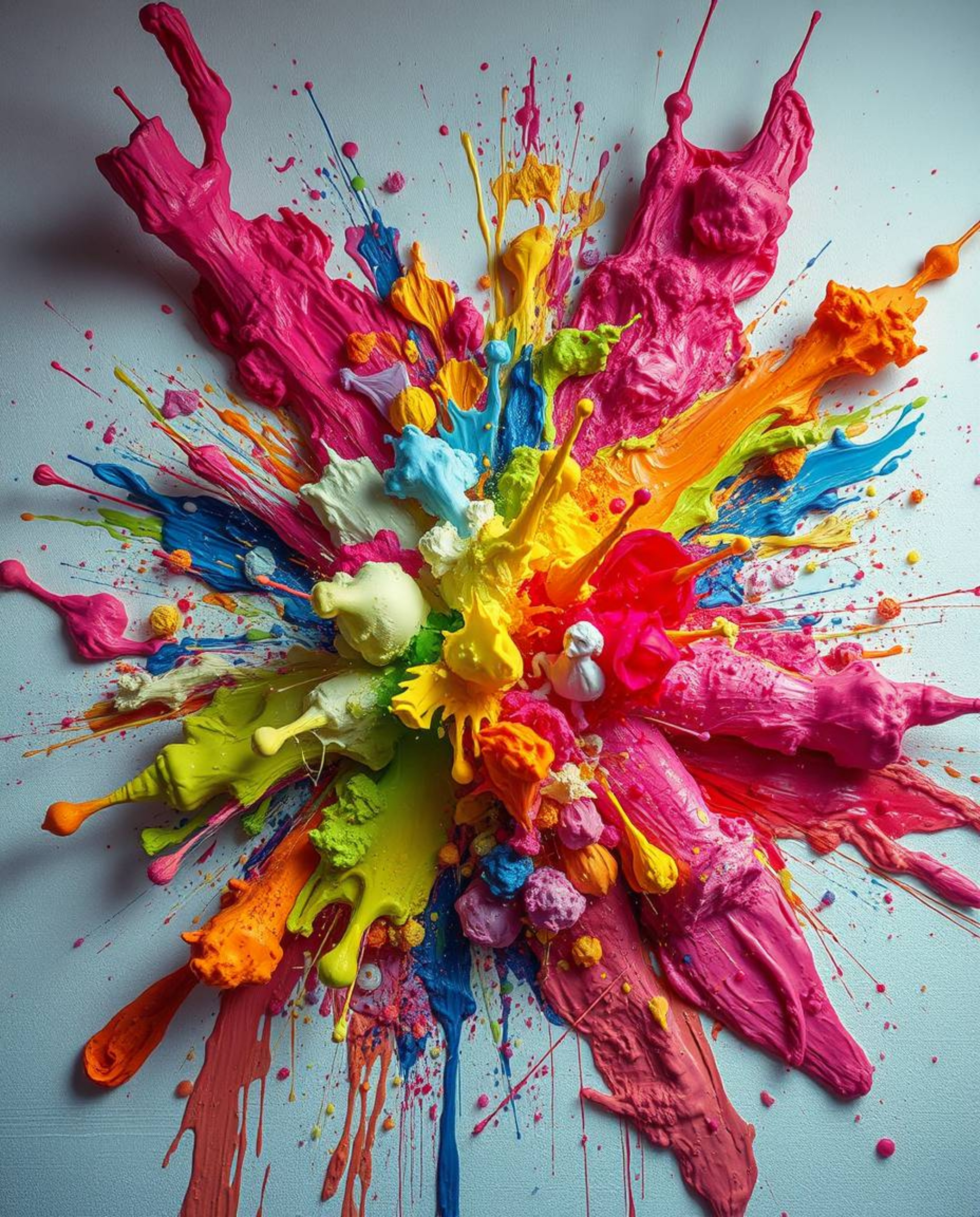 Explore a surreal world with this vibrant infrared image showcasing a paint explosion on a white canvas. High detail and abst