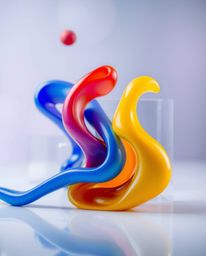 An abstract composition showcasing vibrant 3D fluid shapes dancing with geometric forms, all brought to life with a soft, blu