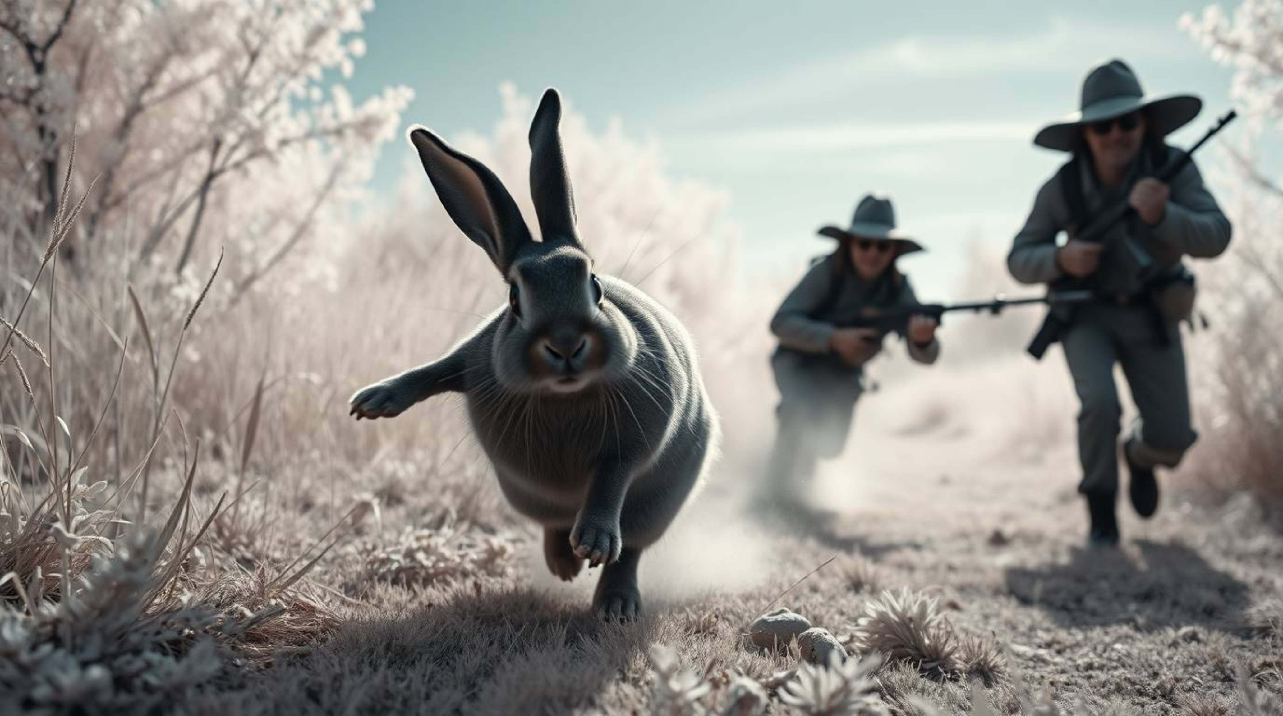 This surreal infrared photograph captures a wacky rabbit in a comical chase, outrunning a hunter with slapstick humor. The us