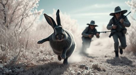 This surreal infrared photograph captures a wacky rabbit in a comical chase, outrunning a hunter with slapstick humor. The us