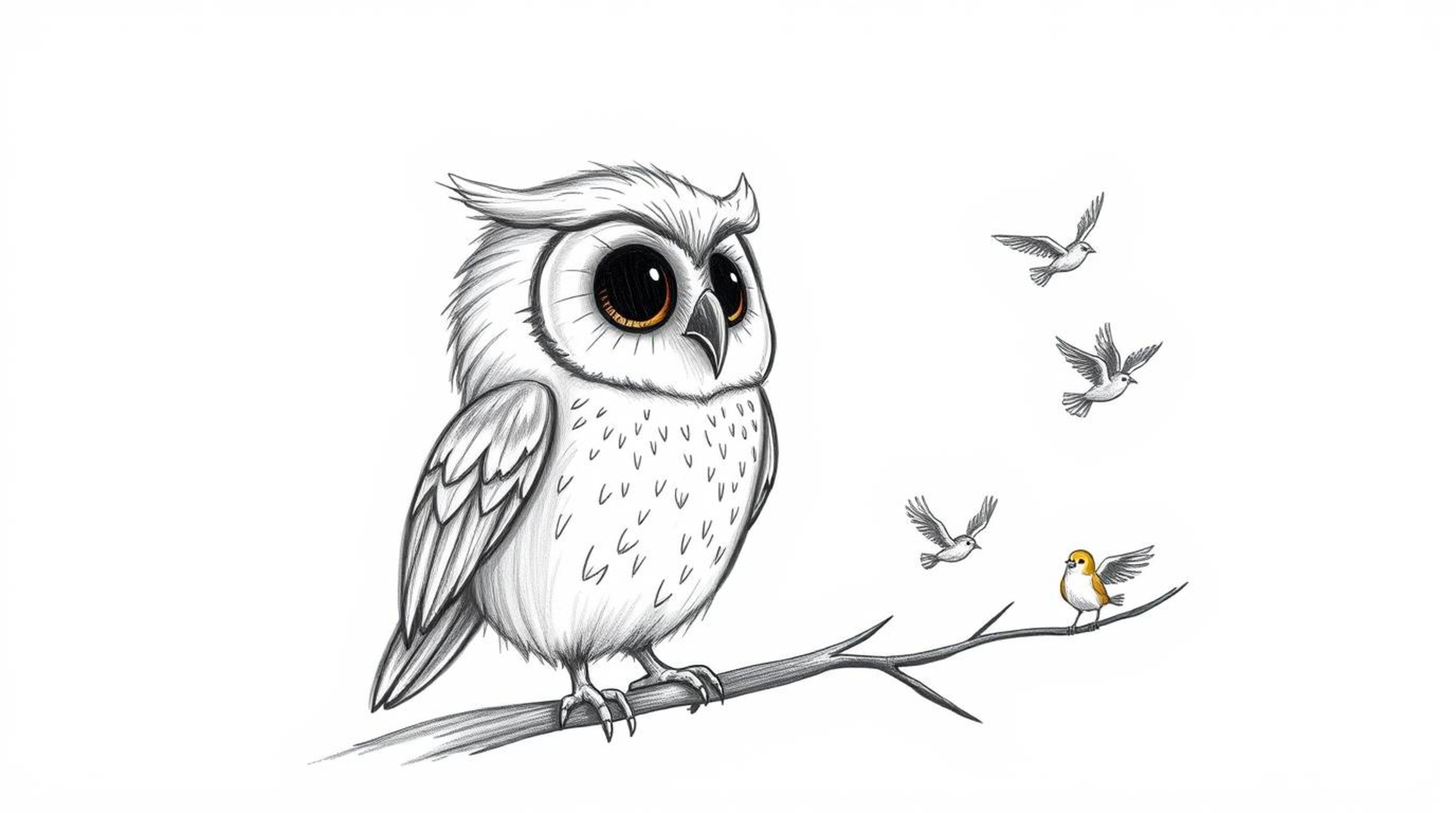 A heartwarming hand-drawn sketch depicts a blind owl with soft feathers and large, gentle eyes, teaching small birds to fly i