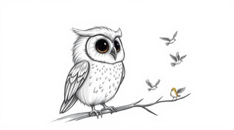 A heartwarming hand-drawn sketch depicts a blind owl with soft feathers and large, gentle eyes, teaching small birds to fly i