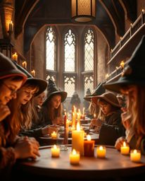 Immerse yourself in a magical school brimming with young wizards, bathed in the gentle glow of warm candlelight. This scene s
