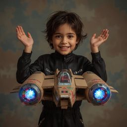 A captivating high-fashion photograph depicts a joyful boy, radiant with a golden glow, building a magnificent, intricately d