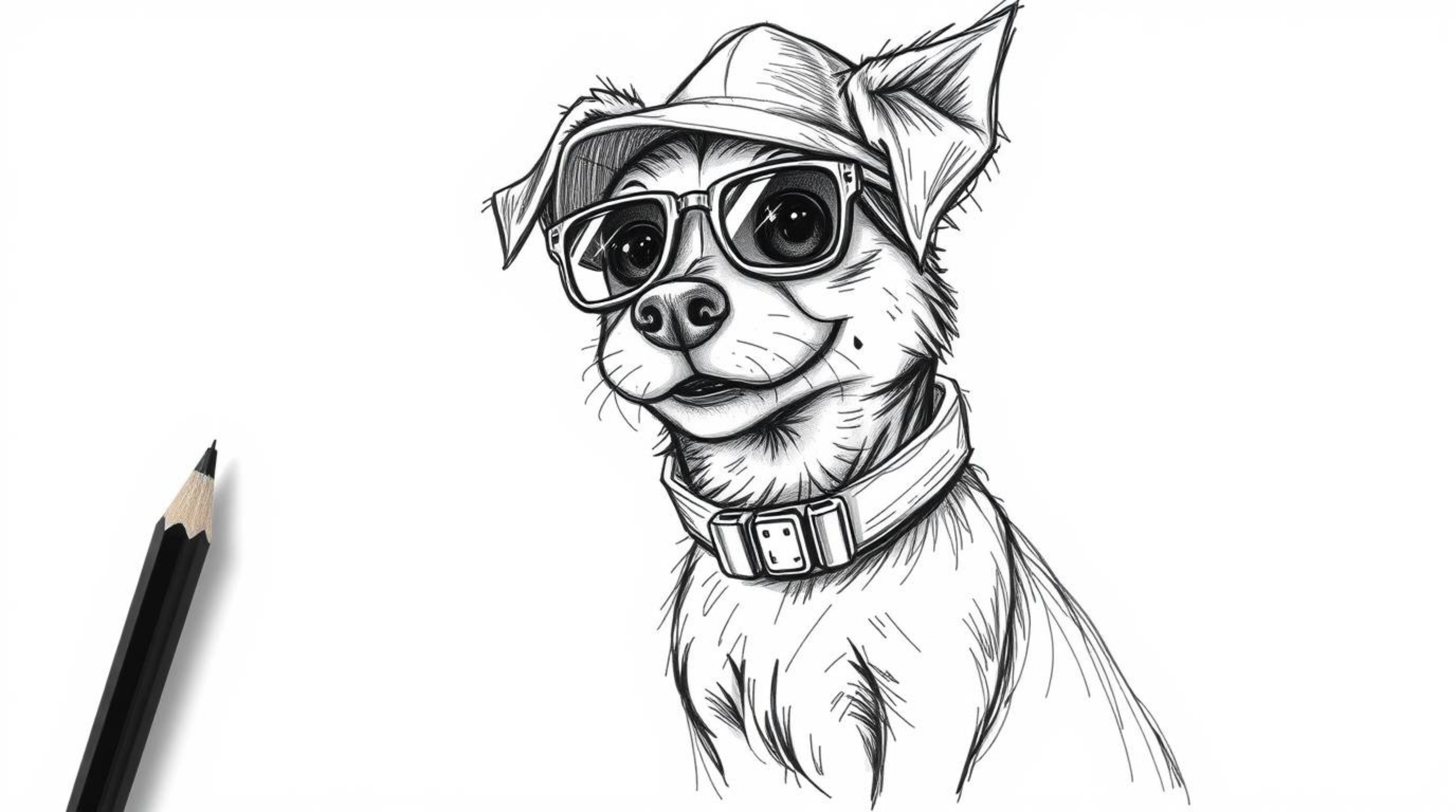 A hand-drawn sketch of an adorable dog detective, equipped with high-tech gadgets, rendered in contrasting chiaroscuro lighti
