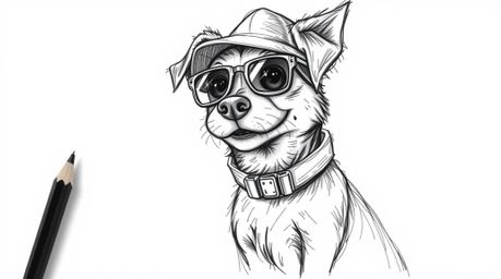A hand-drawn sketch of an adorable dog detective, equipped with high-tech gadgets, rendered in contrasting chiaroscuro lighti