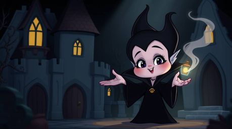 An adorable Disney villain, rendered in a strong, moody style with soft features, casts a spell within a quaint castle. This
