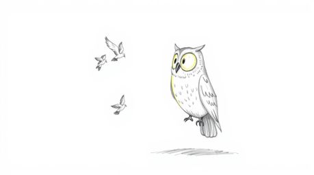 A whimsical, hand-drawn sketch inspired by Pixar depicts a heartwarming scene of a blind owl guiding birds in flight. The owl